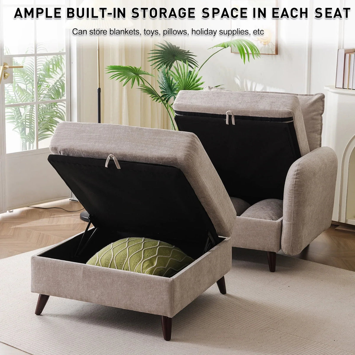 Nouveauté 2026 – Fauteuil d'appoint surdimensionné Rexulqo avec rangement intégré, confortable pour le salon, livré avec 2 coussins décoratifs, fauteuil rembourré style milieu du siècle, assise profonde de 62 cm, fauteuil de lecture pour chambre ou b