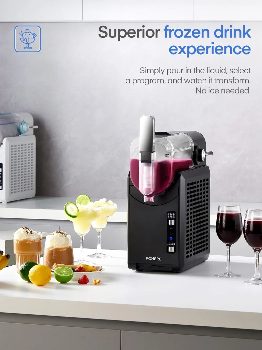 Nouveauté 2026 – Machine à granita 5 en 1 , sans glace, prête en 15 minutes, autonettoyante, idéale pour la maison. 5 programmes prédéfinis pour préparer des margaritas glacées, des frappés, des milkshakes et bien plus encore. Disponible chez FOHERE