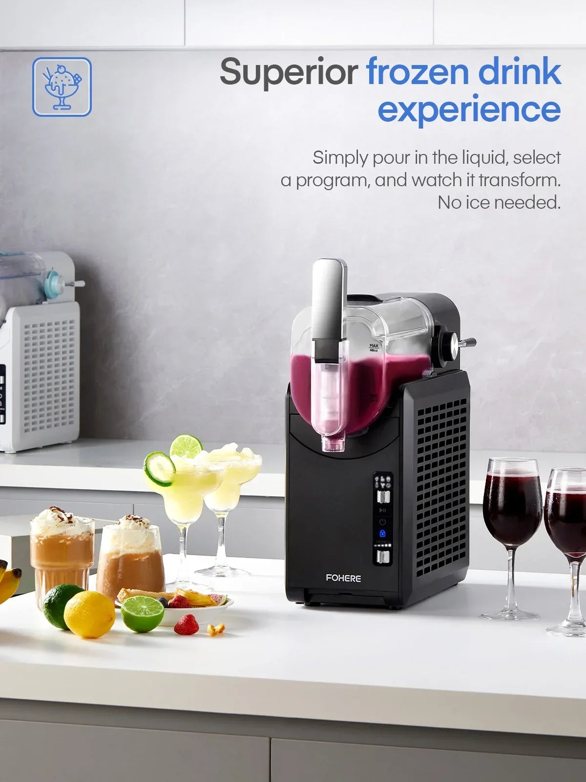Nouveauté 2026 – Machine à granita 5 en 1 , sans glace, prête en 15 minutes, autonettoyante, idéale pour la maison. 5 programmes prédéfinis pour préparer des margaritas glacées, des frappés, des milkshakes et bien plus encore. Disponible chez FOHERE
