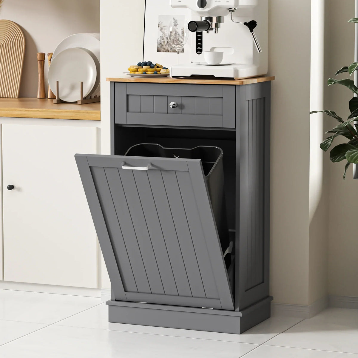 Nouveauté 2026 – Meuble poubelle basculant HARIPUL pour bac à déchets de 49 litres (13 gallons), meuble poubelle de cuisine autoportant avec tiroirs, blanc