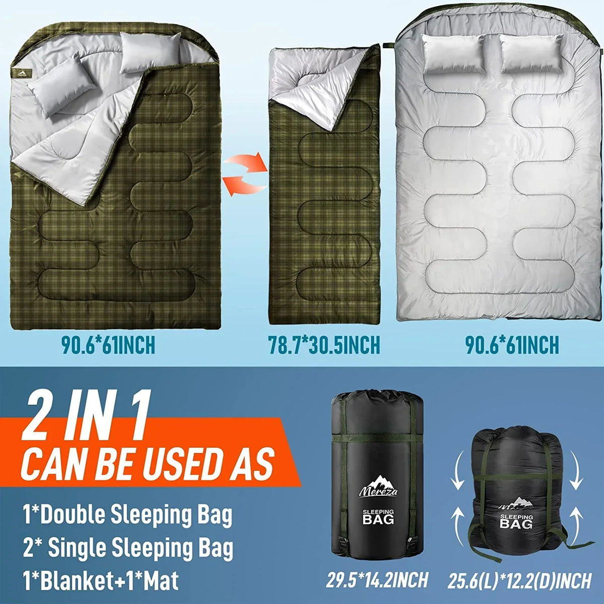 Nouveauté 2026 – Sac de couchage double pour adultes (hommes) avec oreiller, taille XL/Queen, idéal pour le camping, la randonnée et le trekking toutes saisons, par temps froid et chaud