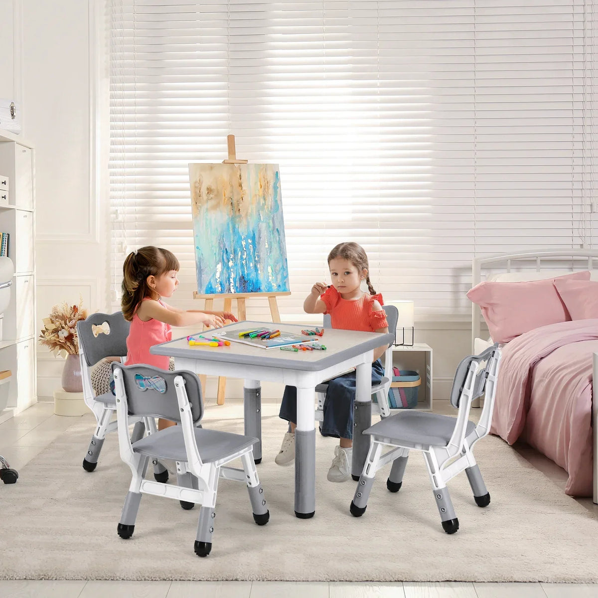 Nouveauté 2026 – Ensemble table et chaises pour enfants Arlopu 5 pièces , hauteur réglable, table d'activités et 4 chaises pour les tout-petits, idéal pour étudier, gris